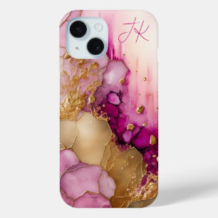 Coque Pour iPhone 15 Monogramme en marbre d'or violet moderne personnal