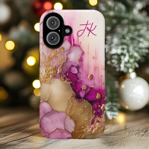 Coque Pour iPhone 16 Monogramme en marbre d'or violet moderne personnal