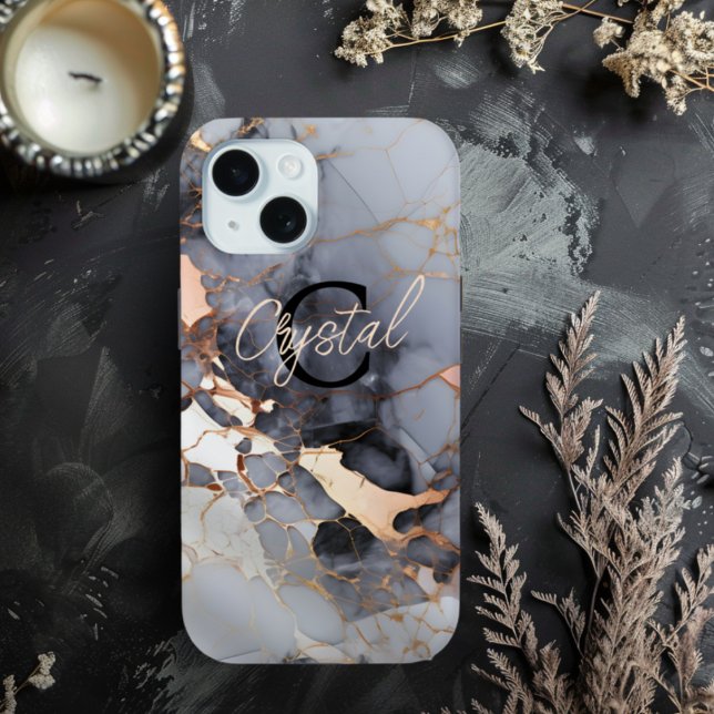 Coques Case-Mate iPhone Monogramme en marbre doré rose personnalisé (Monogram Initial and Name Rose Gold Marble Phone Case - Choose your Phone Type)