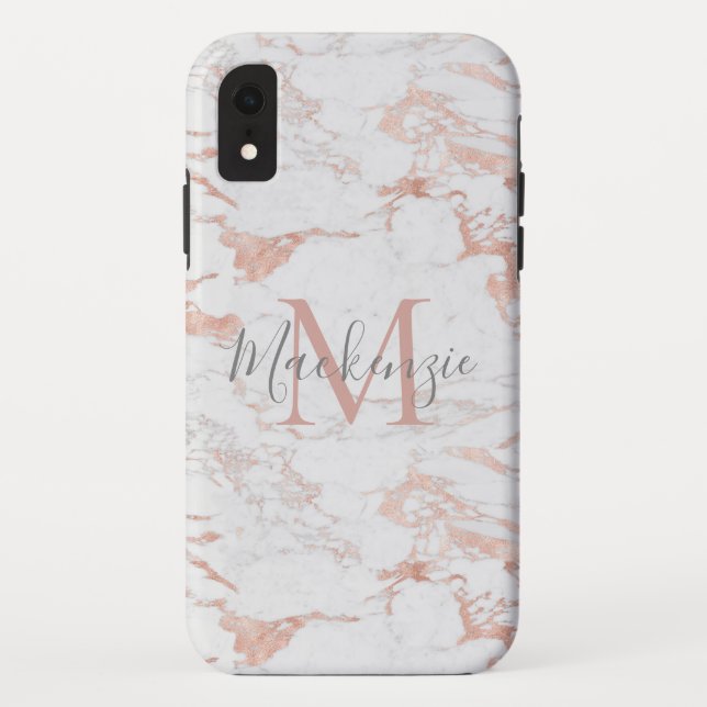 Coques Case-Mate iPhone Monogramme en marbre rose rose chic (Dos)