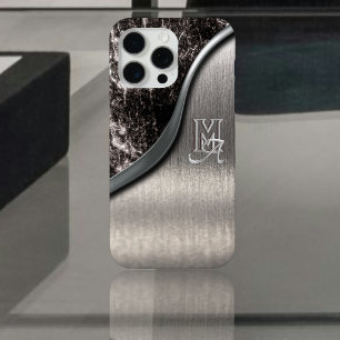 Coque iPhone 15 Pro Max Monogramme en métal brossé argenté et pierre métal
