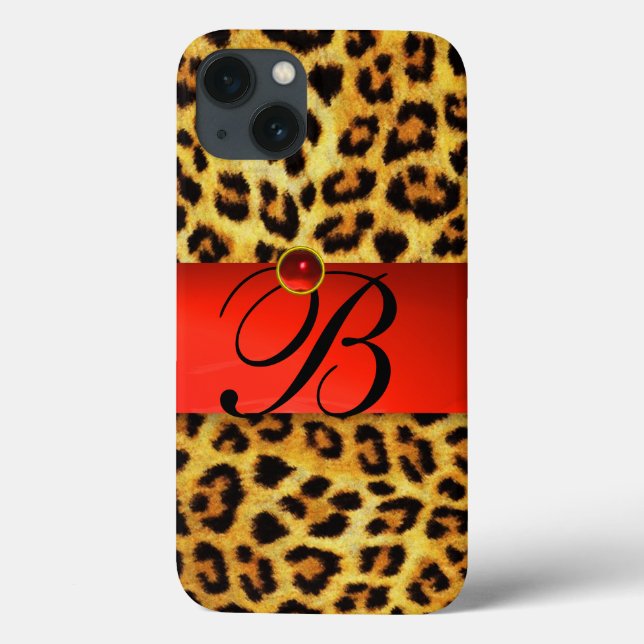 COQUES Case-Mate iPhone MONOGRAMME EN PIERRE ROUGE DE LA FOURRURE LÉOPARDE (Verso)