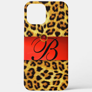 COQUE iPhone 12 PRO MAX MONOGRAMME EN PIERRE ROUGE DE LA FOURRURE LÉOPARDE