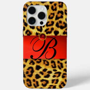 COQUE iPhone 15 PRO MAX MONOGRAMME EN PIERRE ROUGE DE LA FOURRURE LÉOPARDE