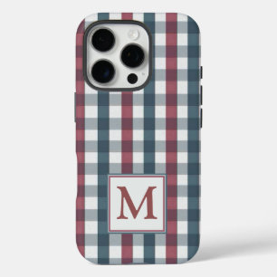 Coques iPhone 16 Pro Monogramme en plaid rouge, blanc et bleu