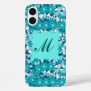 iPhone 16 Plus Case Monogramme encadré de fleurs - bleu et blanc
