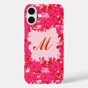 iPhone 16 Plus Case Monogramme encadré de fleurs - fuchsia et rose