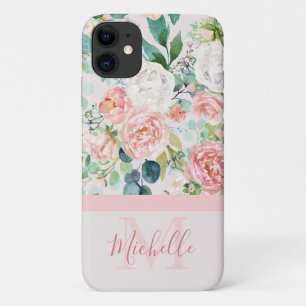 Case-Mate iPhone Case Monogramme et nom de rose blanche vintage