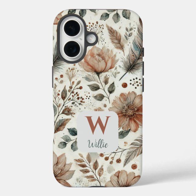 Coques Case-Mate iPhone Monogramme et nom floral de Boho personnalisé (Verso)