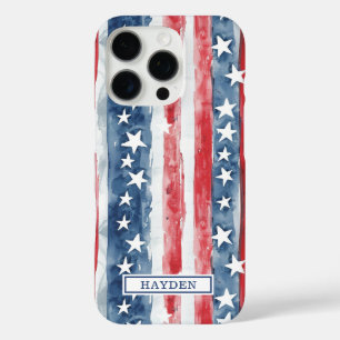 Coques iPhone 16 Pro Monogramme étoiles et bandes patriotiques à l'aqua