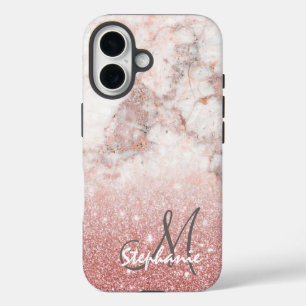 Coque Pour iPhone 16 Monogramme Faux Rose Gold Paillettes Marbre Blanc 