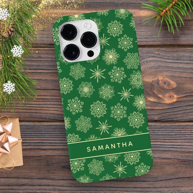 Coques Case-Mate iPhone Monogramme Festive Snowflakes Green Christmas (Créateur téléchargé)