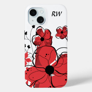 Coque Pour iPhone 15 Monogramme Fille moderne Fleurs rouge et noir