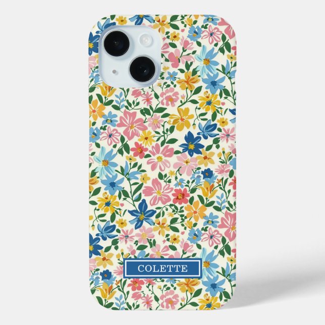 Coques Case-Mate iPhone Monogramme Fleurs Ditsy Bleu et Jaune (Verso)