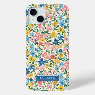 Coque iPhone 15 Mini Monogramme Fleurs Ditsy Bleu et Jaune