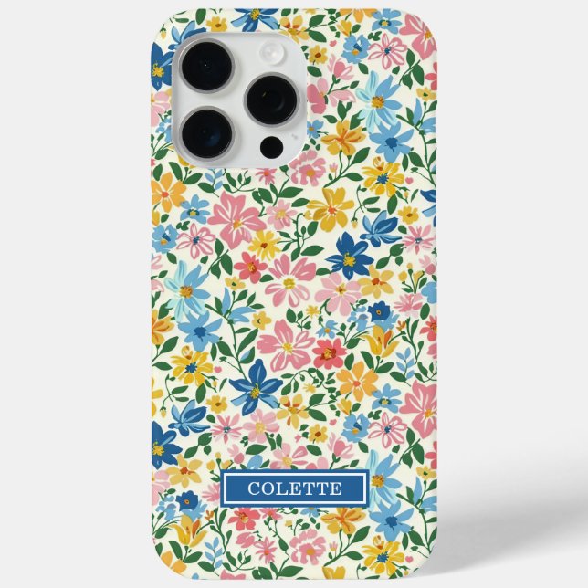 Coques Case-Mate iPhone Monogramme Fleurs Ditsy Bleu et Jaune (Verso)