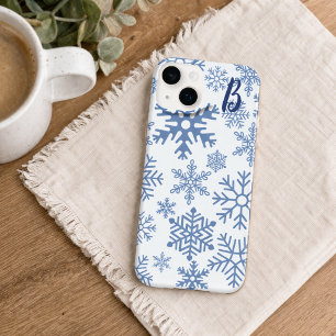 Coque Pour iPhone 14 Plus Monogramme flocons de neige bleus modernes