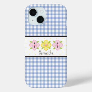 Coque Pour iPhone 15 Monogramme Floral à Carreaux Gingham Bleu