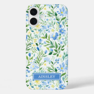 Coques iPhone 16 Plus Monogramme floral aquarelle bleue