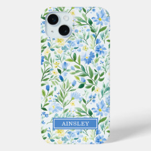 Coque iPhone 15 Mini Monogramme floral aquarelle bleue