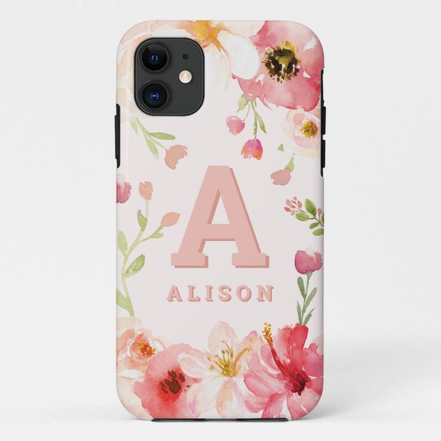 Coques Case-Mate iPhone monogramme floral aquarelle + nom personnalisation (Dos)