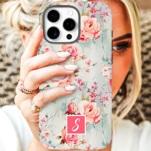 Coques iPhone 16 Pro Max Monogramme floral aquarelle rose et pêche