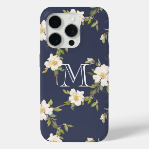 Coque iPhone 15 Pro Monogramme floral blanc bleu marine
