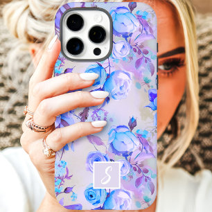 Coques iPhone 16 Pro Max Monogramme floral bleu et lavande vintage