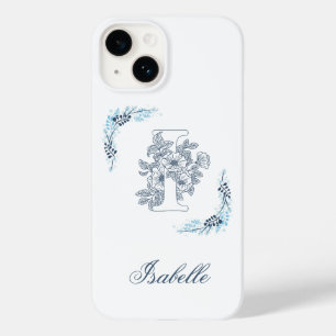Coque Pour iPhone 14 Monogramme floral bleu initial "I" calme