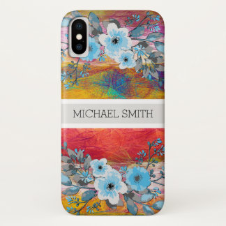 Coque iPhone X Monogramme Floral Bleu Moderne Coloré Abstrait