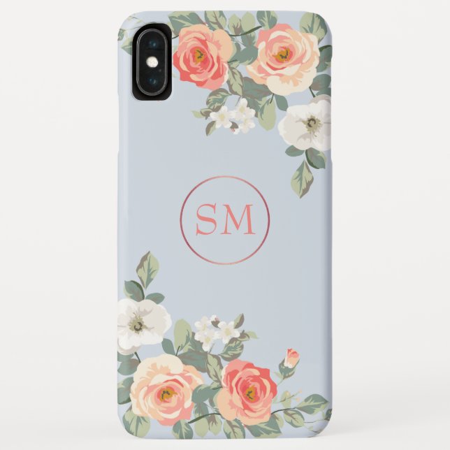 Coques Case-Mate iPhone Monogramme floral bleu Rose de pêche (Dos)