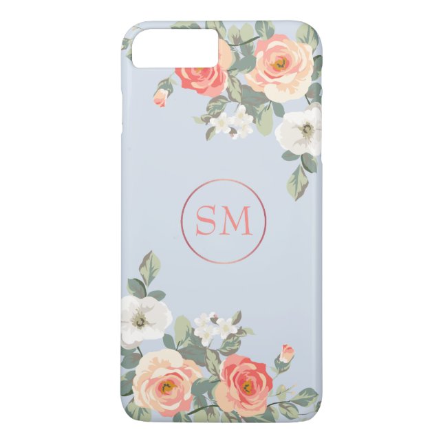 Coques Case-Mate iPhone Monogramme floral bleu Rose de pêche (Dos)