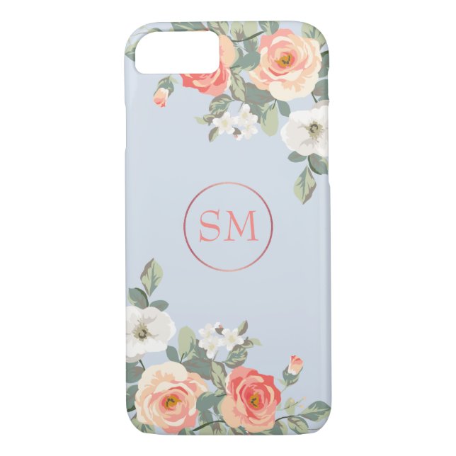 Coques Case-Mate iPhone Monogramme floral bleu Rose de pêche (Dos)