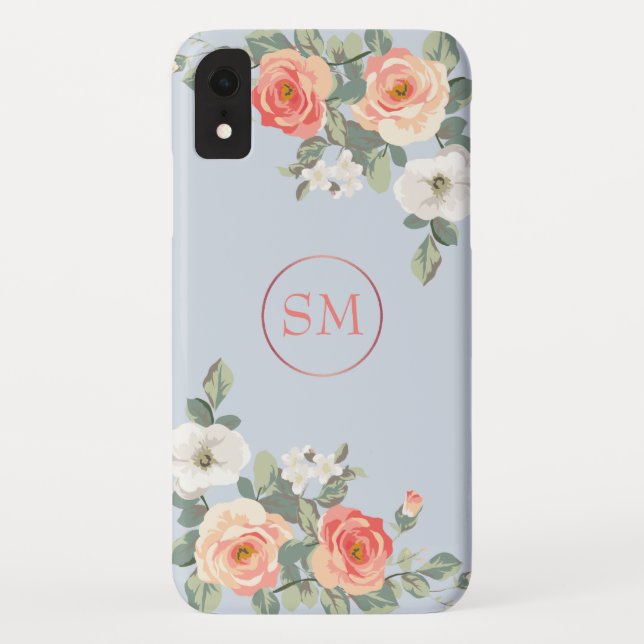 Coques Case-Mate iPhone Monogramme floral bleu Rose de pêche (Dos)
