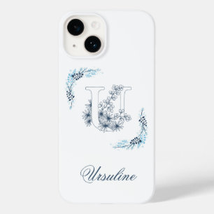 Coque Pour iPhone 14 Monogramme floral bleu "U" calme