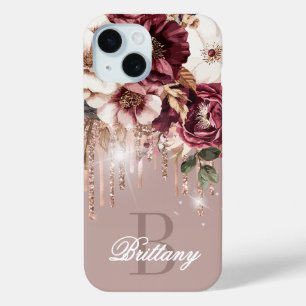 Coque Pour iPhone 15 Monogramme floral bordeaux aux gouttes d'or rose é