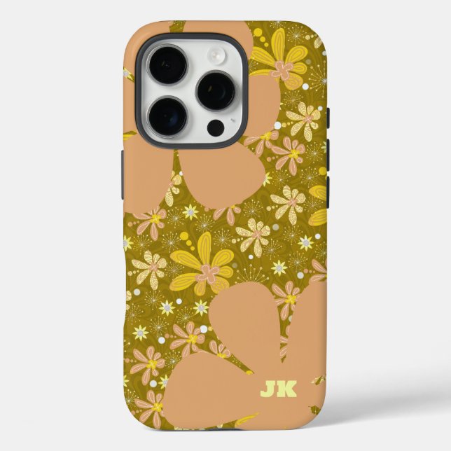 Coques Case-Mate iPhone Monogramme floral Brown et jaune rétro (Verso)
