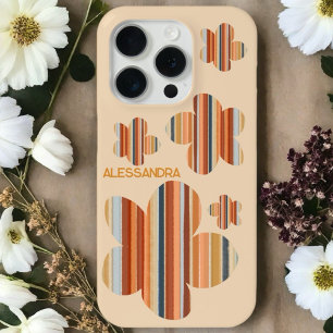 Coque iPhone 15 Pro Monogramme floral couleurs rétro rayures 70s migno