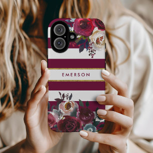 Coque Pour iPhone 16 Monogramme floral de Boho Bourgogne et or