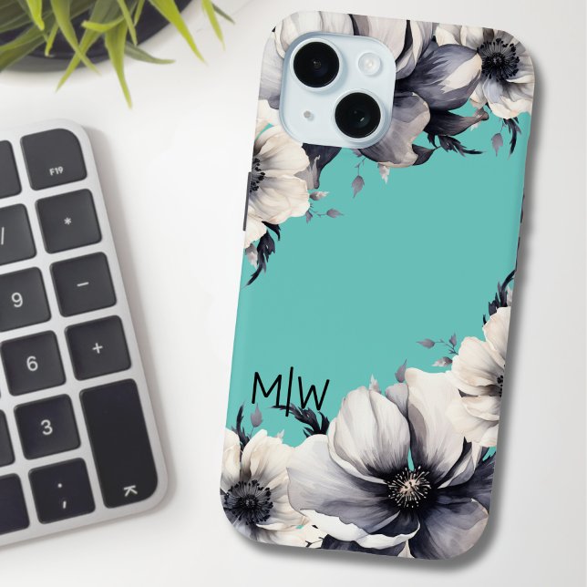 Coques Case-Mate iPhone Monogramme Floral Élégant (Chic Stylish Floral Teal Blue Black White Monogram Case-Mate iPhone Case)