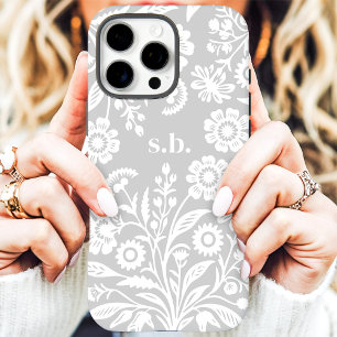 Coques iPhone 16 Pro Max Monogramme Floral Gris Fleur Sauvage Rétro
