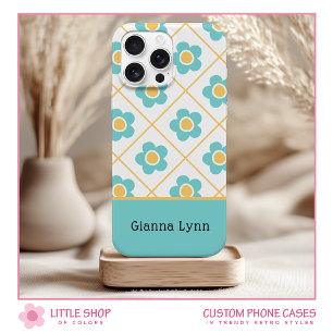 Coque Pour iPhone 15 Monogramme floral jaune aqua de style rétro