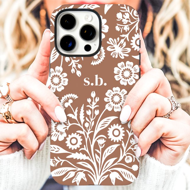 Coques Case-Mate iPhone Monogramme Floral Mocha Mousse Fleur sauvage rétro (Créateur téléchargé)