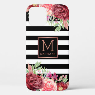 Case-Mate iPhone Case Monogramme floral noir blanc rayé Rose or