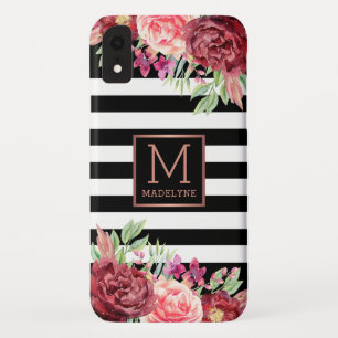 Case-Mate iPhone Case Monogramme floral noir blanc rayé Rose or