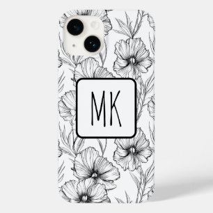 Coque Pour iPhone 14 Monogramme floral noir et blanc moderne