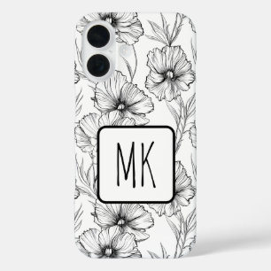 Coque Pour iPhone 16 Monogramme floral noir et blanc moderne