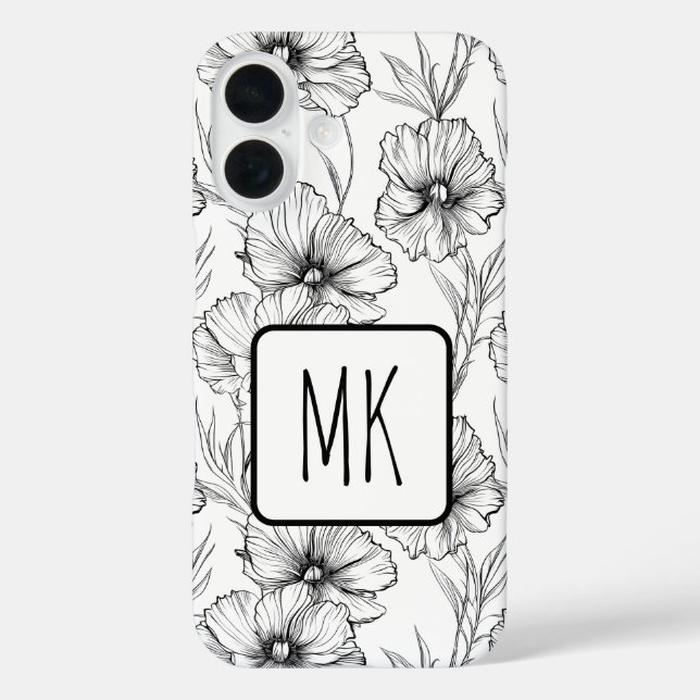Coques Case-Mate iPhone Monogramme floral noir et blanc moderne (Verso)