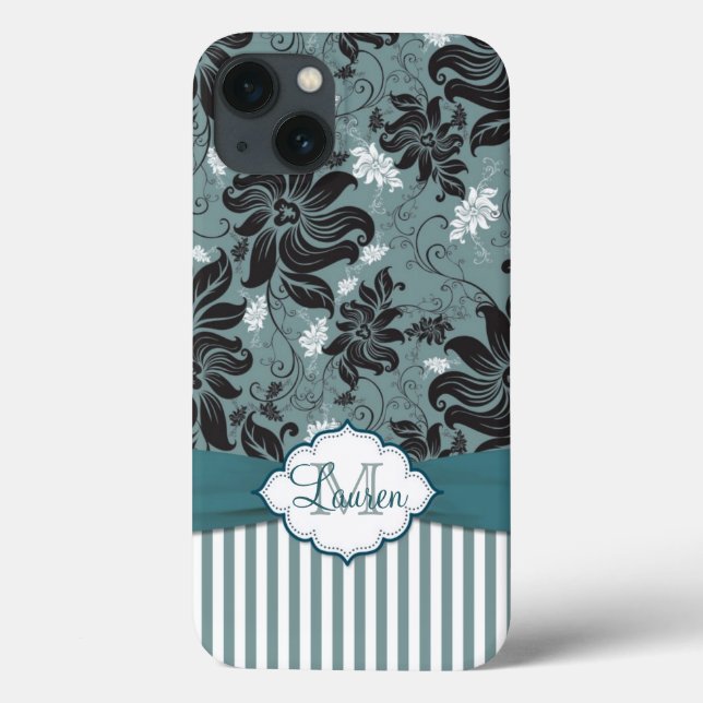 Coques Case-Mate iPhone Monogramme floral noir, turquoise, blanc (Verso)