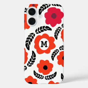 Coque Pour iPhone 16 Monogramme floral orange et rouge moderne